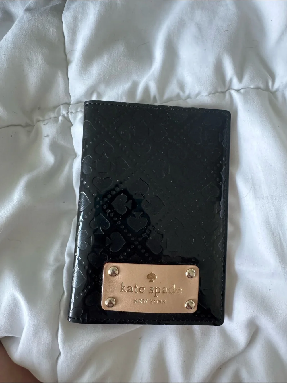 kate spade Black patent passport holder with Gold Plaque